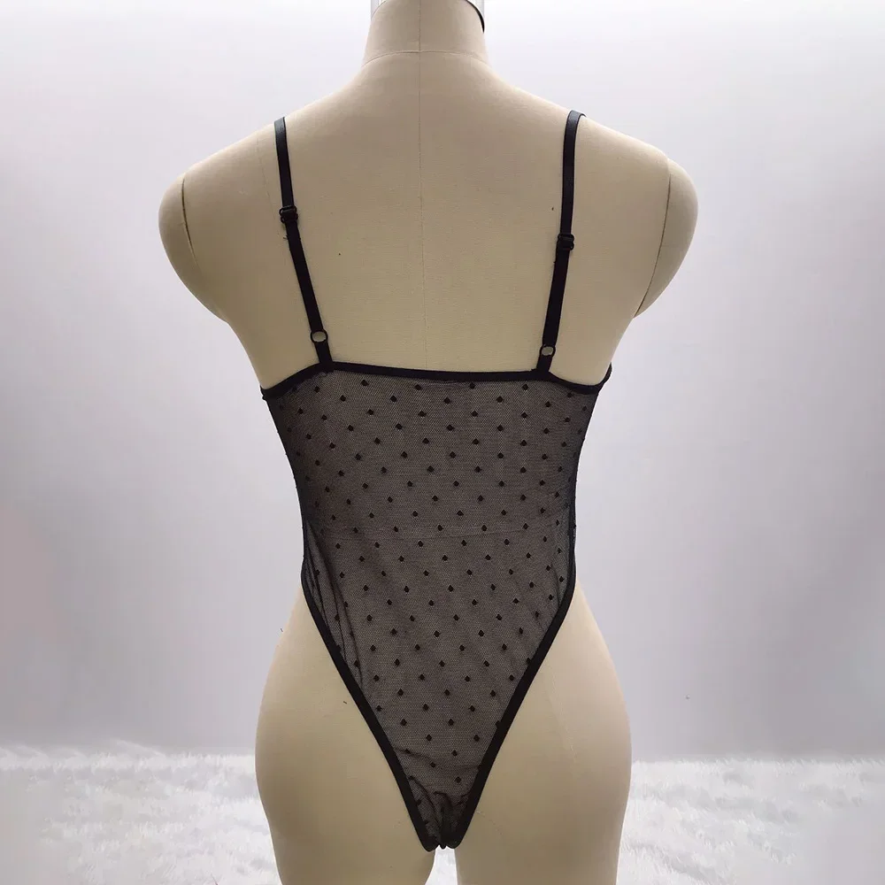 

Sexy Nake Hot Women Female Lingerie Black Mesh See Through Suspenders Polka Dot One Pieces Bodysuit Exotic Underwear Jumpsuit