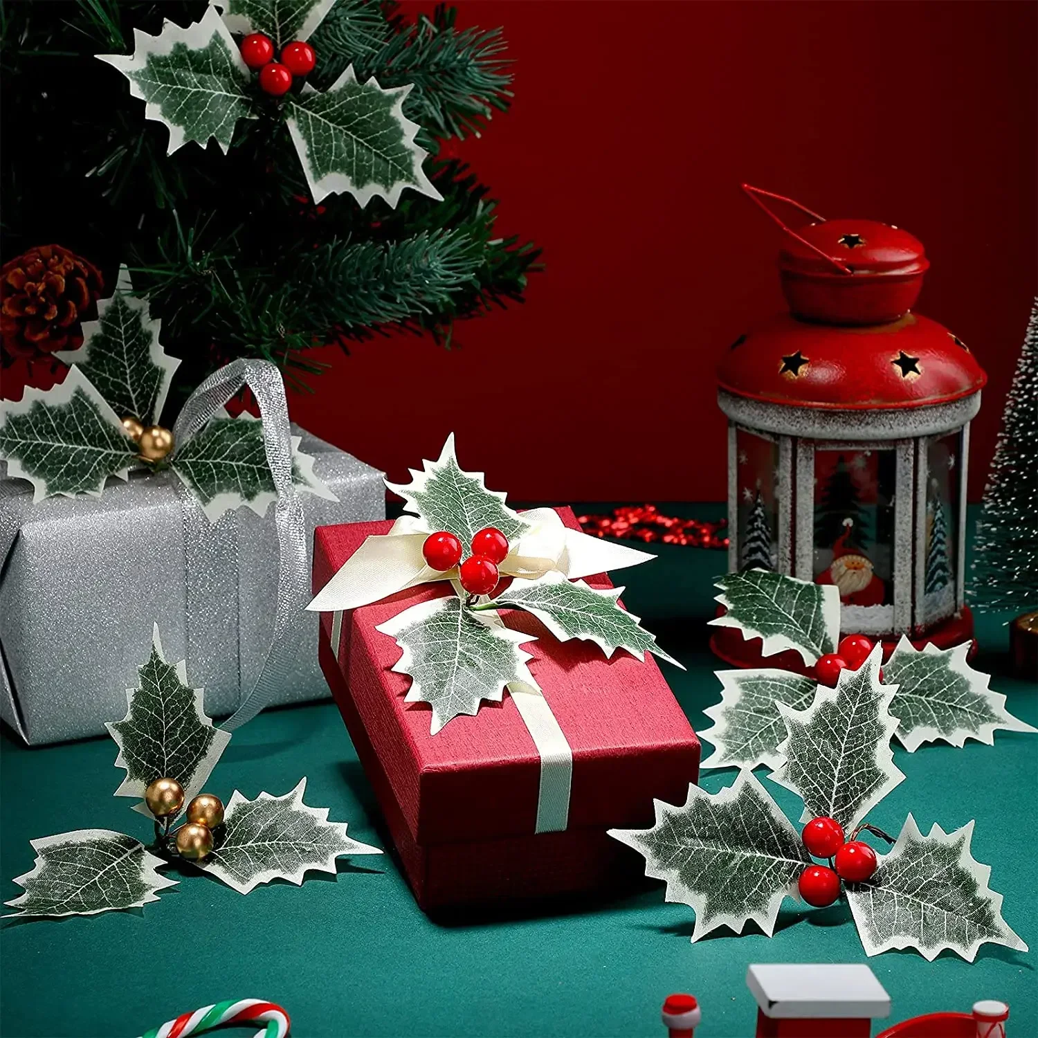 10–100 Stück künstliche Stechpalmenbeeren mit Blättern für Weihnachtskranz, Blumenarrangement, Geschenk, Scrapbooking, Dekor, gefälscht, 5/6 cm – Detail 6