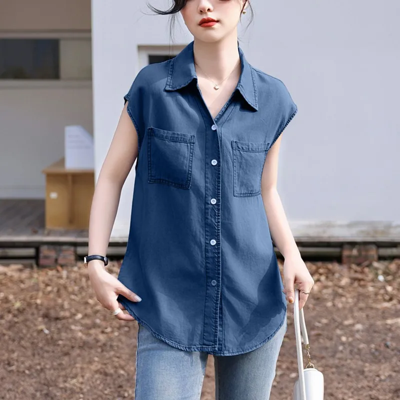 Women Casual Denim Shirt New Arrival 2024 Summer Korean Style Double Pockets Basics Female Sleeveless Tops Shirts B3271