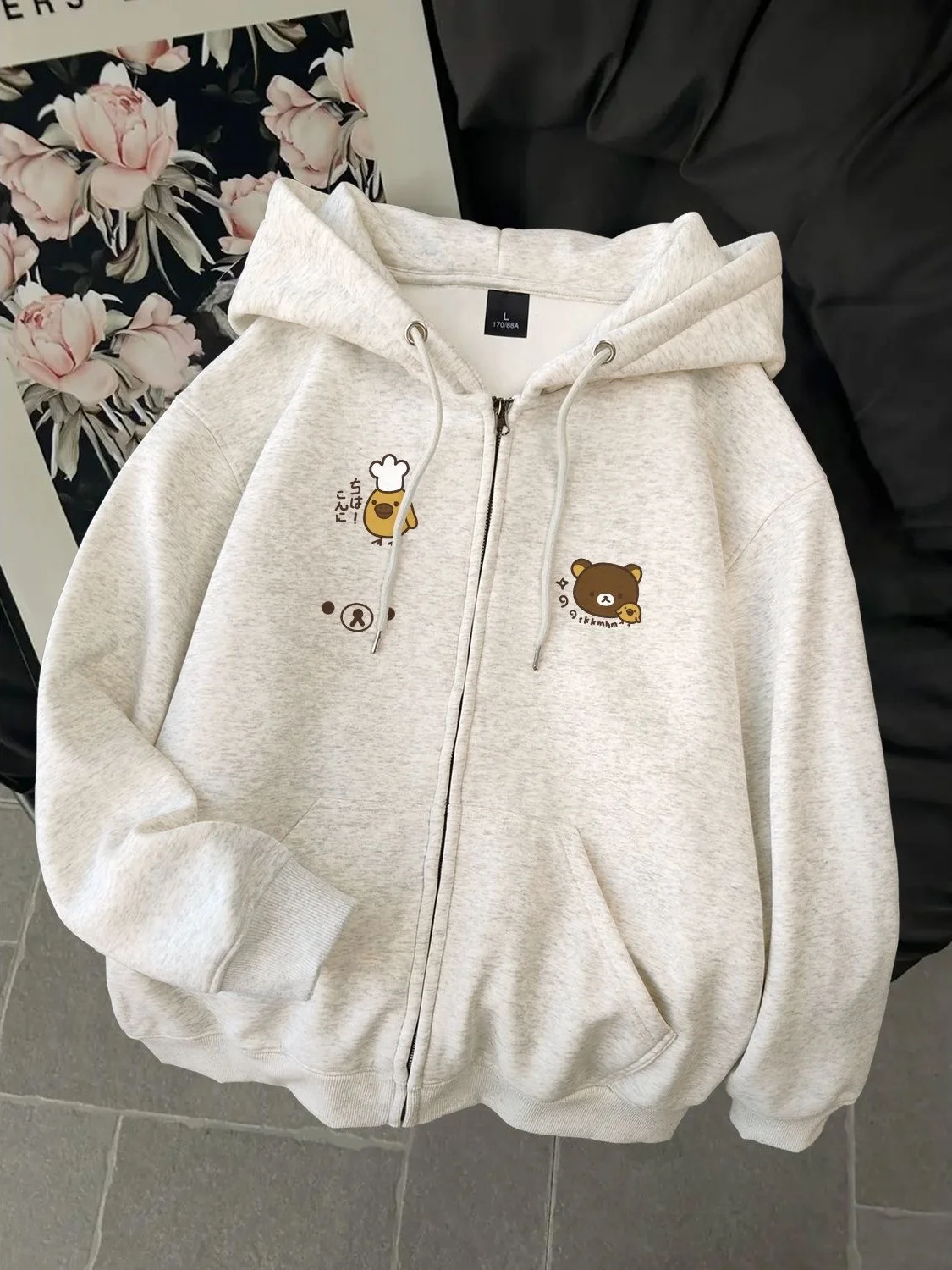American Cartoon Dog Print Hoodie Women's Autumn Winter Fleece Zipper Open Cardigan Loose Top School Style Long Sleeve