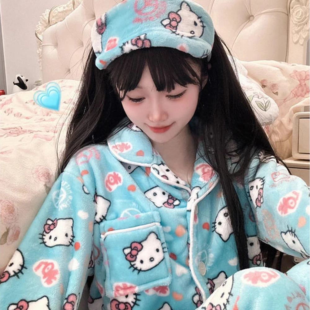 Kawaii Cartoon Hello Kitty Pochacco Plush Pajamas Set Sanrioed Anime Women Coral Fleece Homewear Deliver Eye Mask Cute Girls