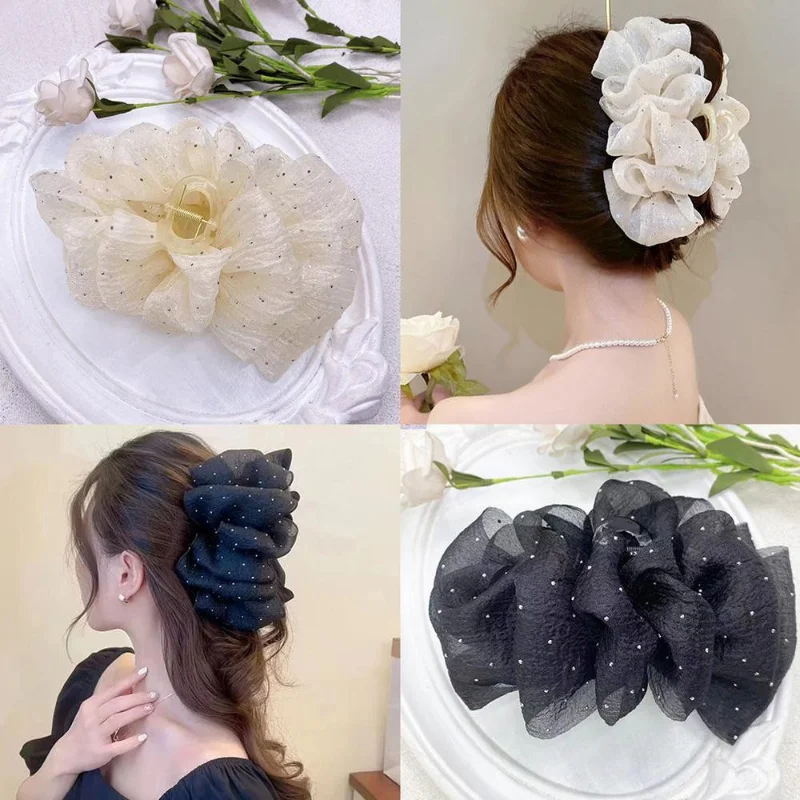 Women Bow Bubble Clip Hair Claw Elegant Large Hair Clips Clamp Girl Accessoriess Sweet Double Sided Gauze Cloud Bubble Bow