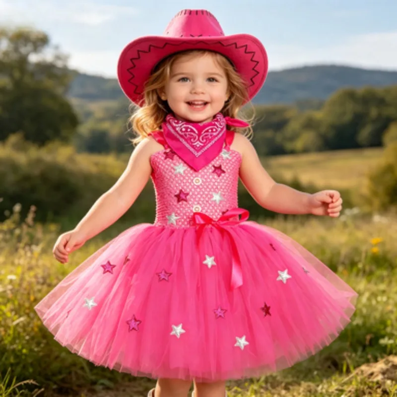 Bright Pink Western Cowgirl Mesh Tutu Dress for Kids, Party Performance Costume with Hat and Headscarf, Girls Halloween Outfit