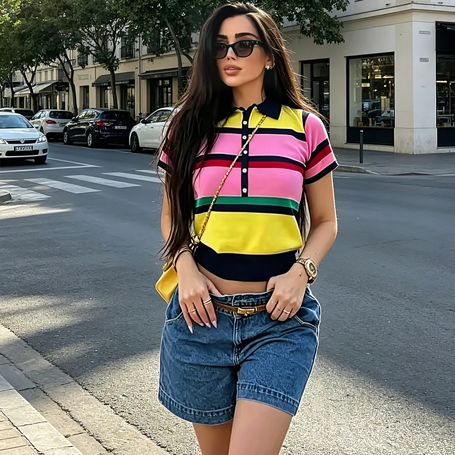 ZOCI Women Chic Contrasting Colors Striped Tops Elegant Women Casual High Street Polo Shirts Female Summer Fashion Knitted Top