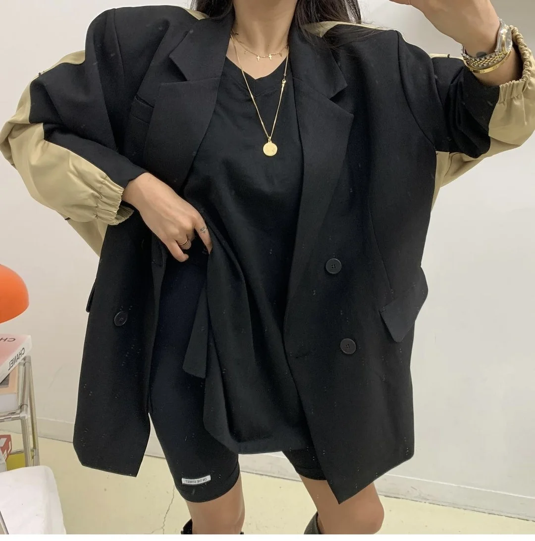 SuperAen 2023 Autumn Korea New Arrival Flip Collar Double Breasted Jacket Spliced Loose Casual Blazer Coat