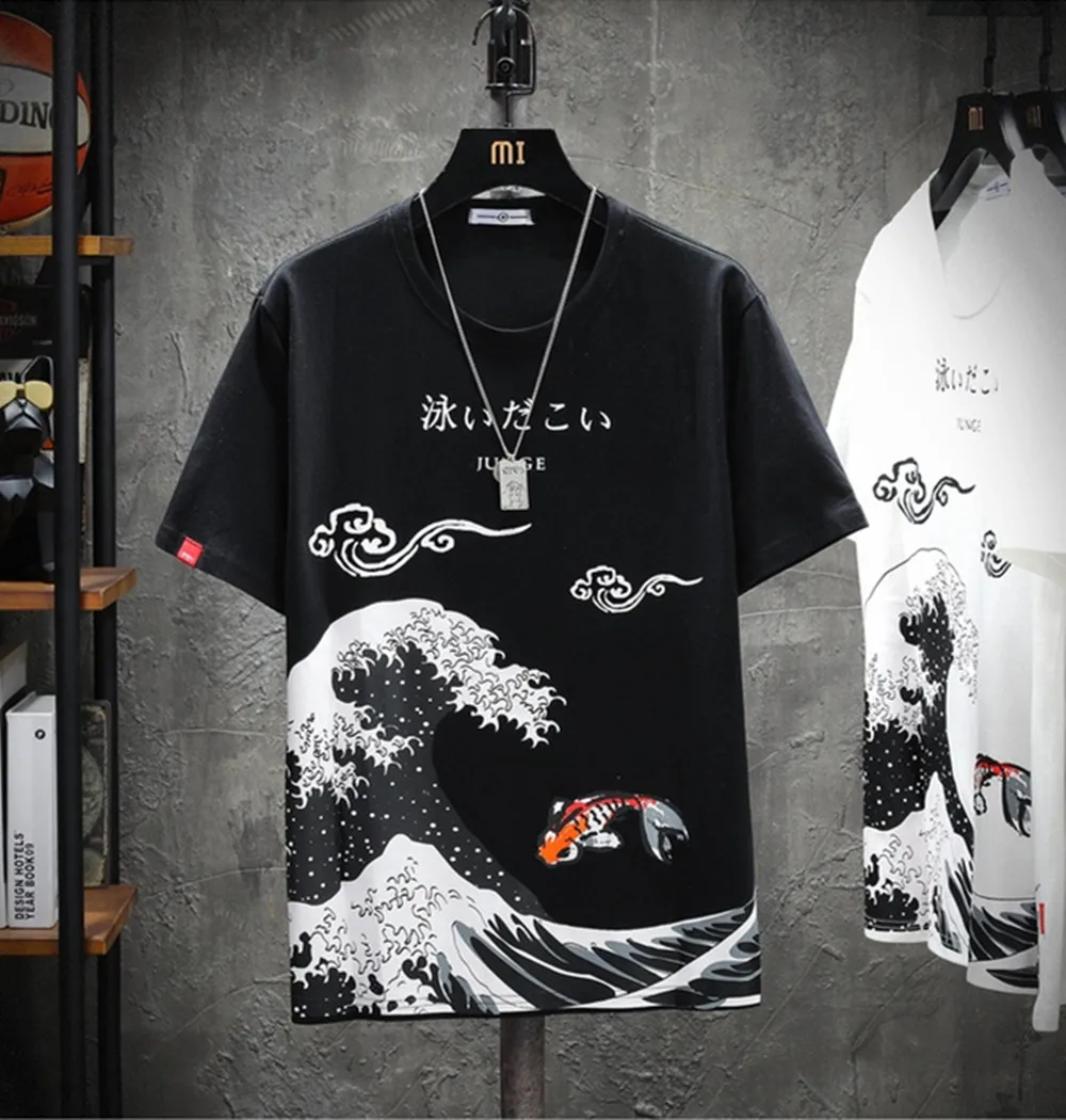 New Japanese T-shirt Casual Carp Wave Street Print Hip-hop Men's Women's Children's Short-sleeved Light Summer Sports Tops