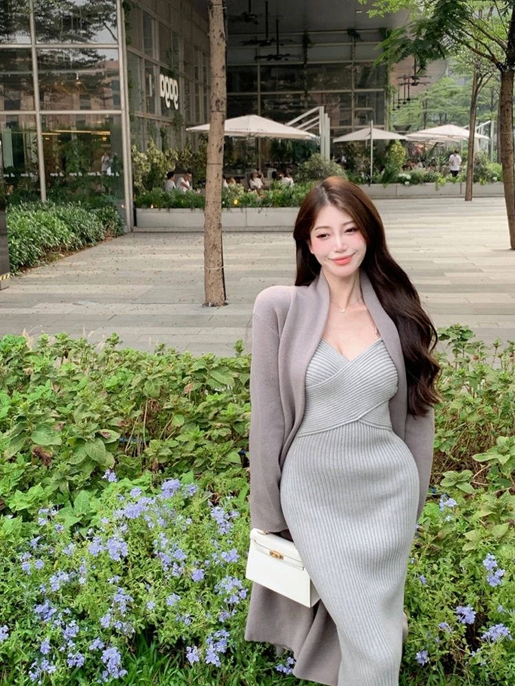 

Комплект для женщин больших размеров: вязаный кардиган и юбка А-силуэта с высокой талией для осени и зимы, повседневный стиль