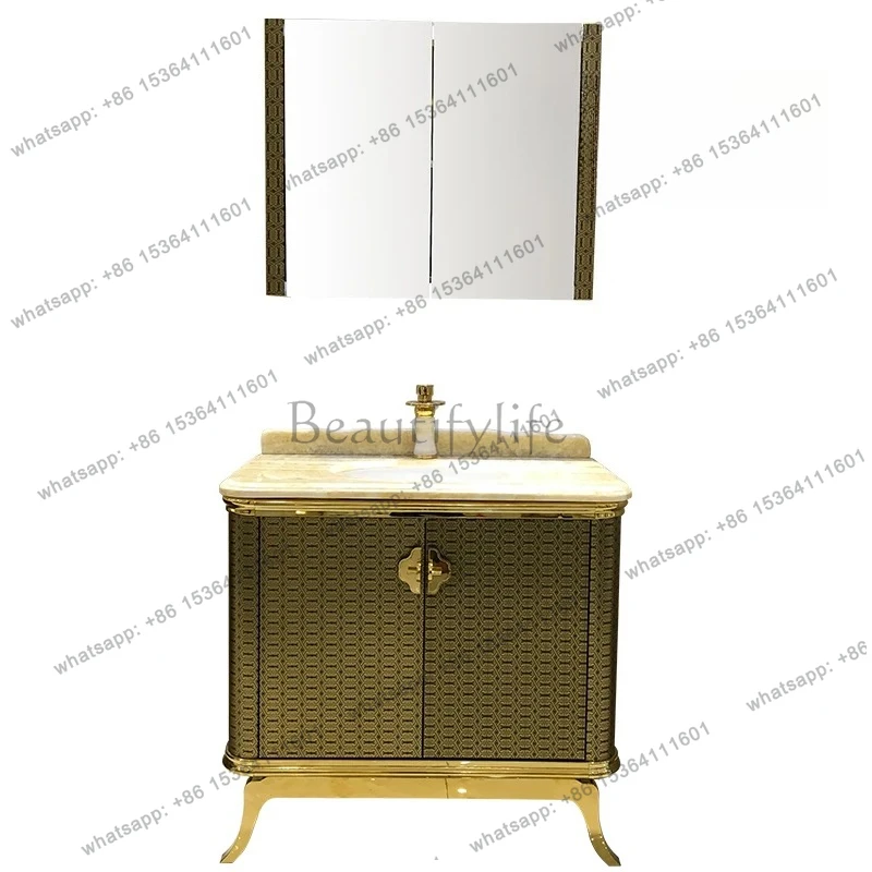 Neoclassical bathroom cabinet combination stainless steel washbasin natural marble mirror cabinet complete