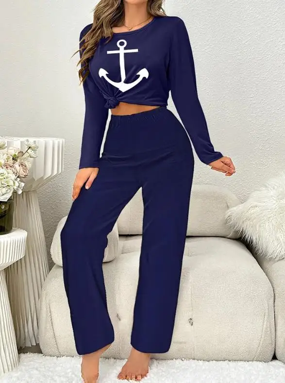 Two Piece Set Women Outfit 2024 Spring Fashion Anchor Print Round Neck Long Sleeve Top & Casual High Waist Home Long Pajamas Set