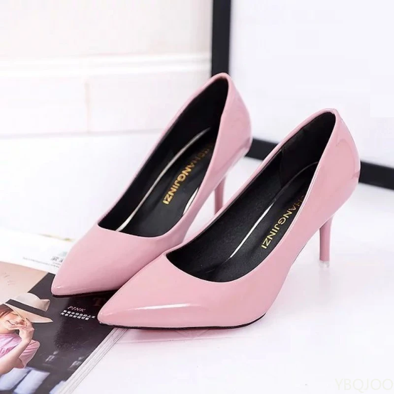 

Ladies Pointed Toe Pumps Red Patent Leather Dress High Heels Women Fashion Elegant Wedding Shoes Shallow mouth female work shoes