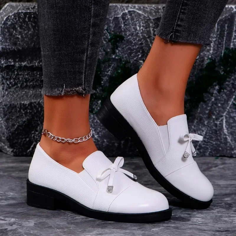 2024 Hot Sale Ladies Shoes Slip on Women\'s Pumps Autumn Round Toe Solid Butterfly-knot Platform Chunky Heels Rubber Work Pumps