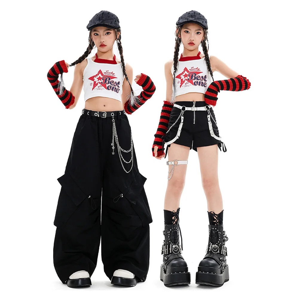 Girls Street Dance Clothes Fashion Short Sleeve Tops Baggy Pants Cheerleading Dance Performance Costume Kids Group Hip Hop Suit