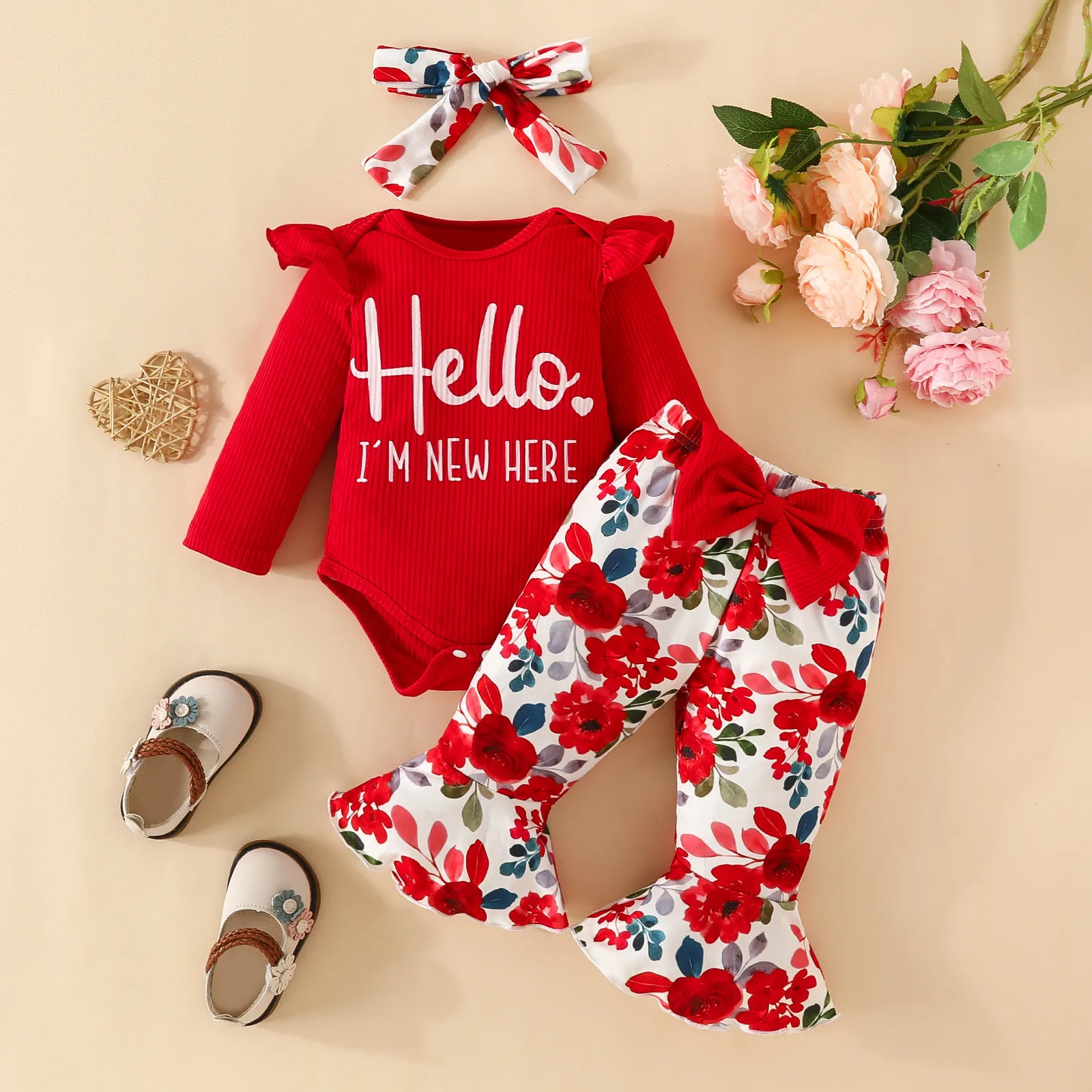 

Infant Girl Outfit Baby Cute Long Letter The Clothes Flowers Flares Suit Baby Autumn Coat Pants Hair Band Floral Stuff