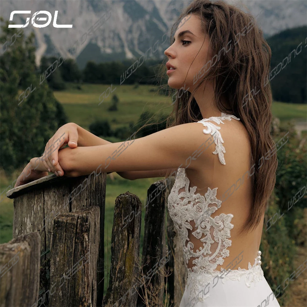 Vestido de novia de gasa con cuello en V, elegante vestido de novia bohemio con apliques de encaje, Espalda descubierta, línea A, Sexy, hecho a medida