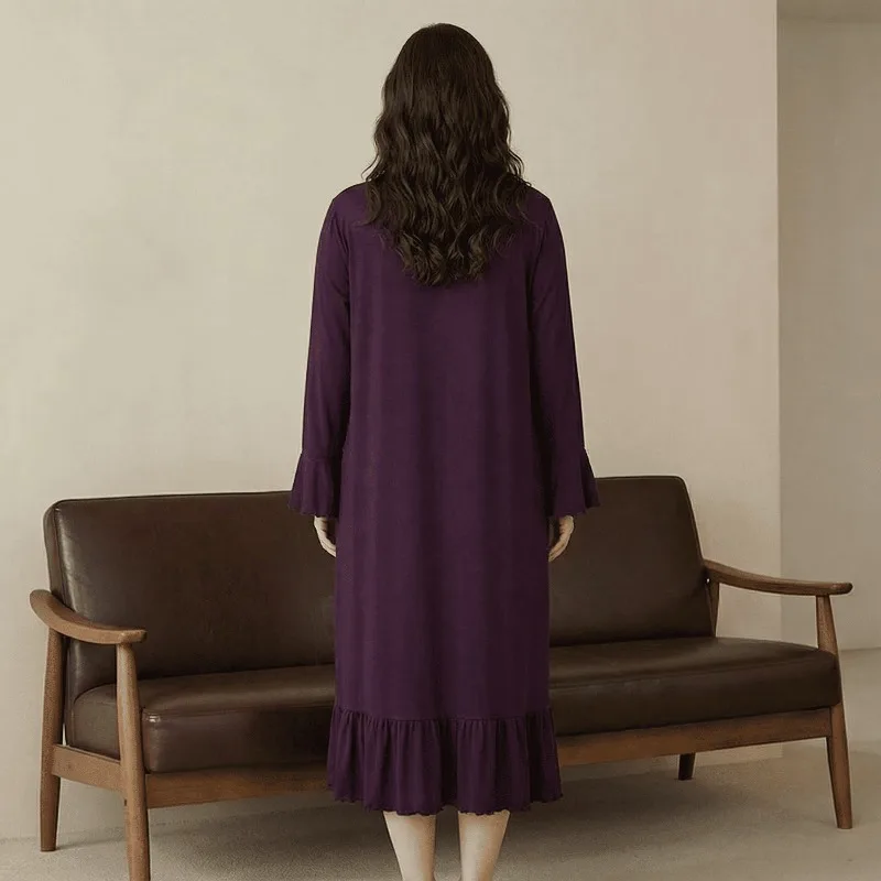 Autumn Plus Size Nightgown Lace Splicing Bow Flare Sleeve Ruffle Hem Elegant Vintage Women Loungewear Sleep Dress