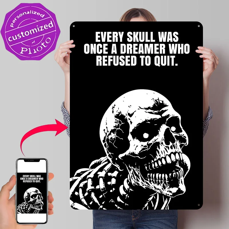 Totenkopf mit inspirierendem Zitat, Metallposter, perfektes Geschenk für Fans und Liebhaber, personalisiertes Wandkunst-Metallschild für Garagenzubehör