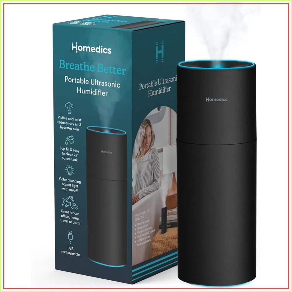 

Portable Cool Mist Humidifier for Bedroom, Office, Travel - 2 Mist Settings, Color-Changing Light, Matte Black