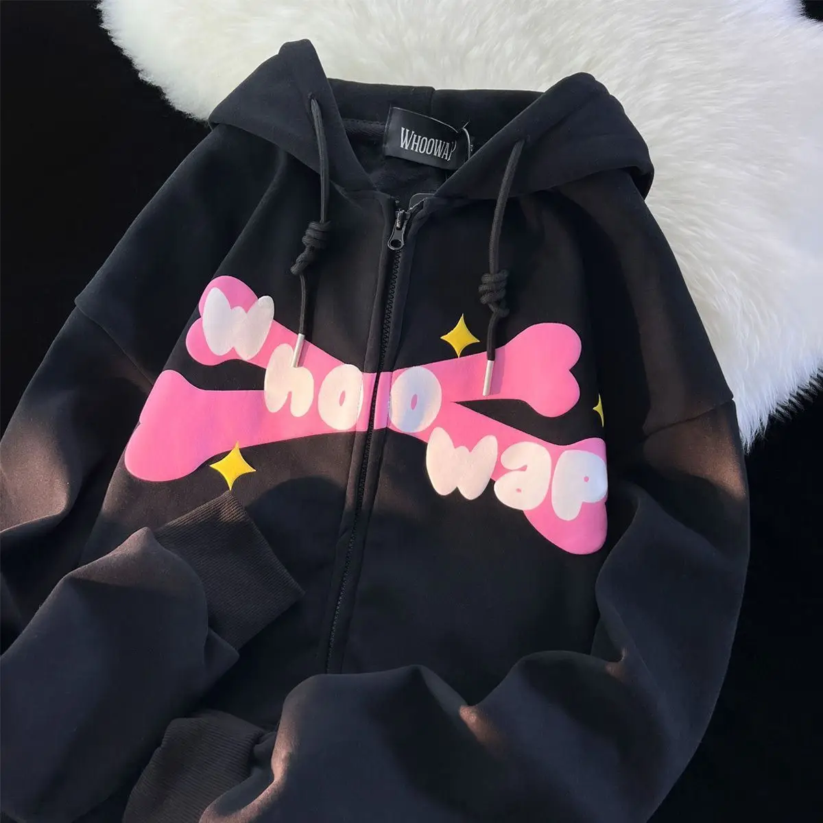 Harajuku ปีศาจเย็บปักถักร้อย Hoodies ผู้หญิงญี่ปุ่นหวาน Streetwear การ์ตูนหลวม Sweatshirt คู่ Zip Up Hoodie Goth Y2k เสื้อผ้า