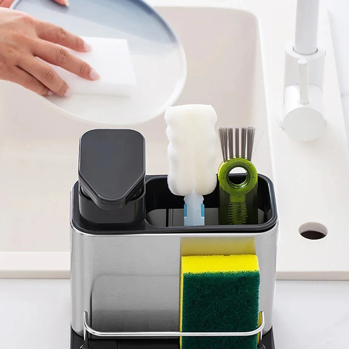 3-In-1 Kitchen Soap Dispenser Sponge Holder Stainless Steel Sink Organizer Rack Sink Organizer Tray Drainer Rack Rustproof