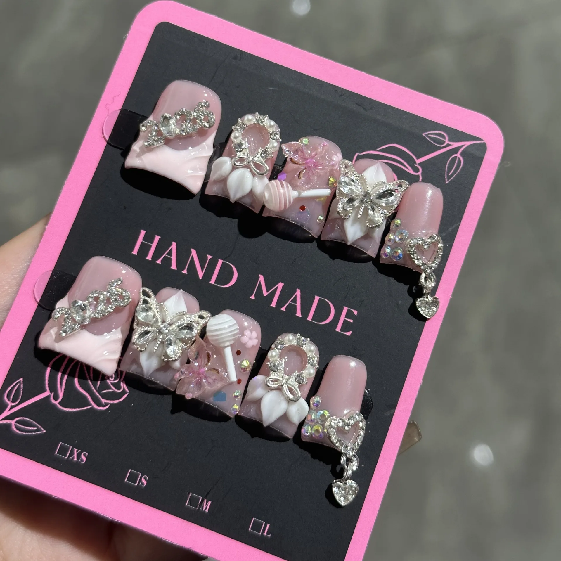 10pcs Short Duck Bill Press on Nails 3D Butterfly Flower False Nails Pink French Tip Nail Art Pearl Heart Rhinestone Fake Nails