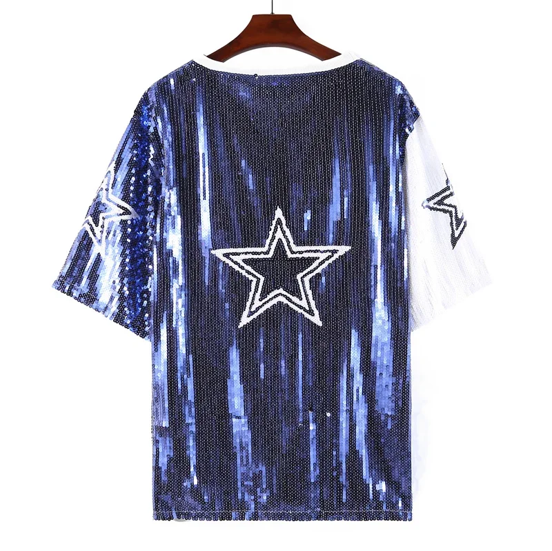 

New Women's Summer Short Sleeve Loose Geometry Letter Design Wear Sequins Patchwork Color Streetwear Night Club Hip Hop T-Shirt