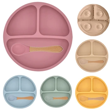 2PCS Silicone Baby Feeding Bowl Wood Spoon Set Kids Dishes Waterproof Suction Plate…