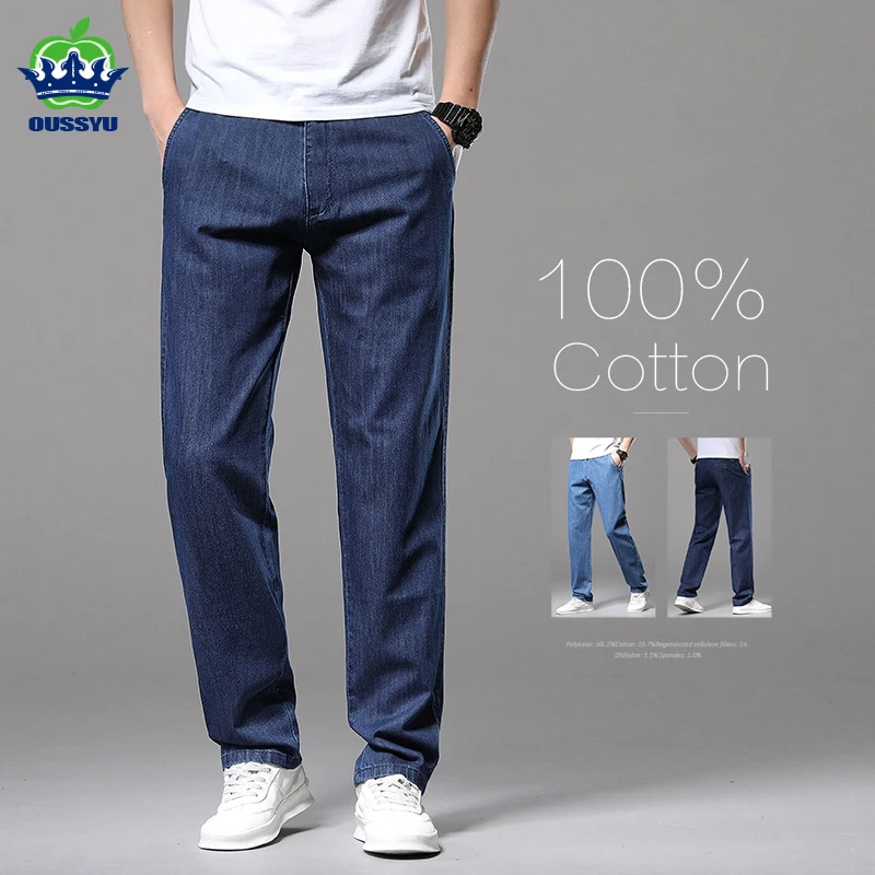 

2024 Summer Classic 100%Cotton Men's Jeans Thin Loose Straight Denim Pants Blue Business Dad Trousers Male Large Size 35 40 42