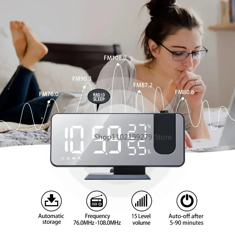 USB Charged Desktop Electronic Timepiece 180‑Degree Projection LED Radio Alarm Snooze Timer