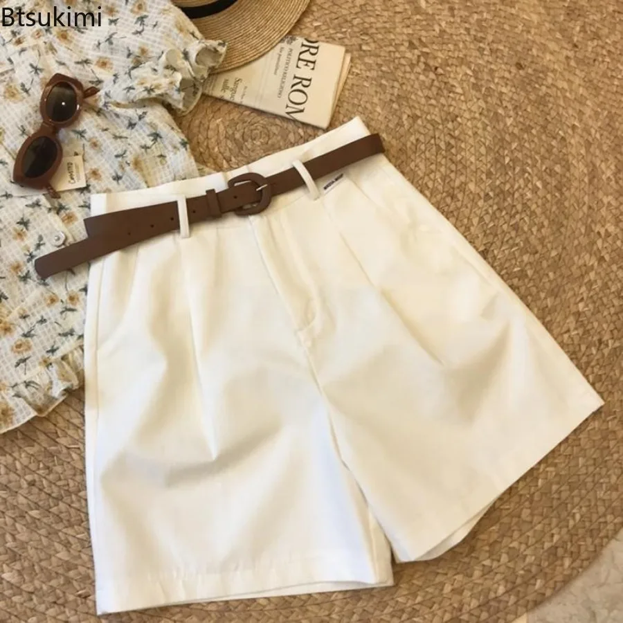 Pantalones cortos de traje para mujer con cinturón, minipantalones cortos holgados de cintura alta coreana con bolsillos sueltos, estilo OL,