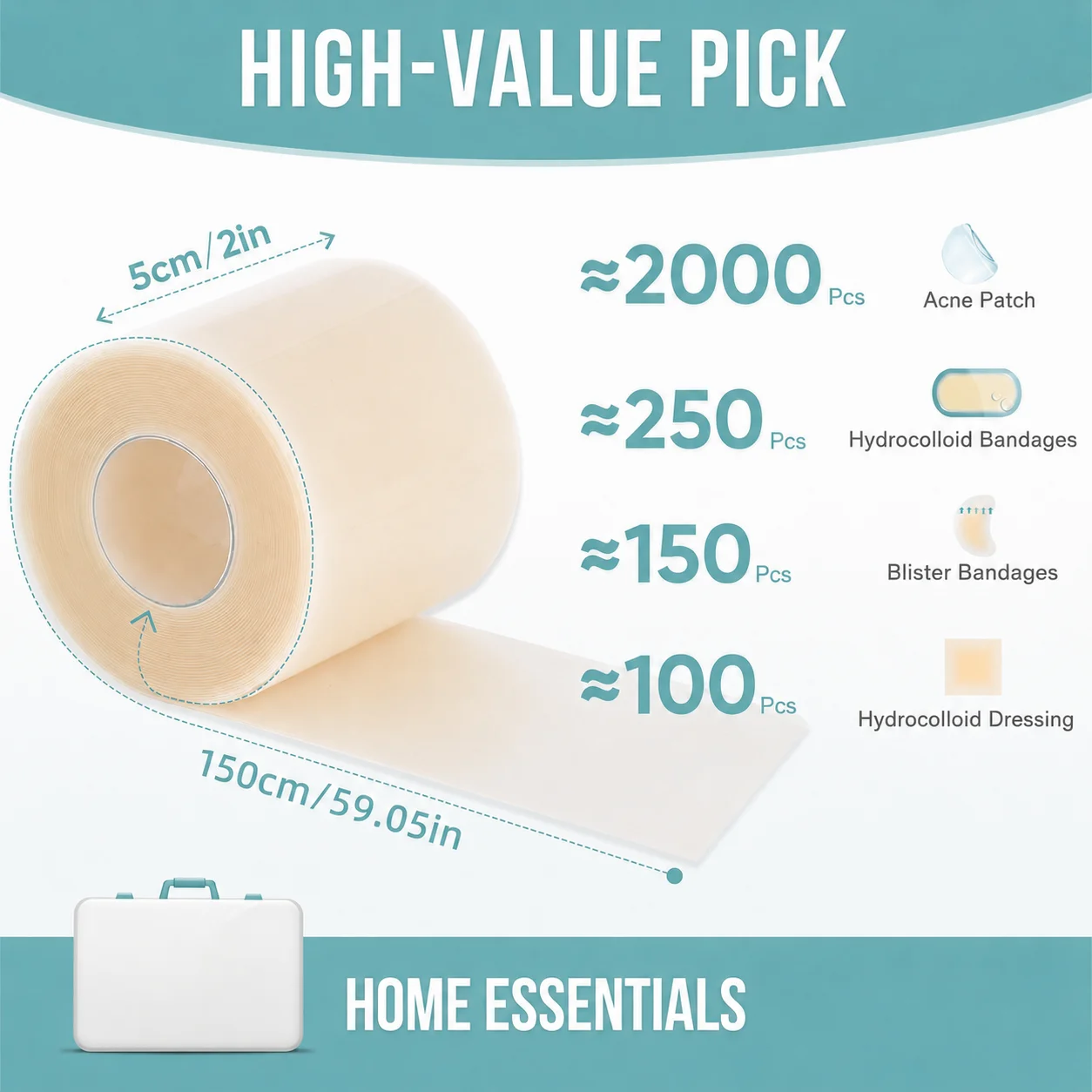 KHAZIX Hydrocolloid Bandage Roll 2in x 5ft Cut-to-Fit Wound Dressing Breathable Skin Cover view 4
