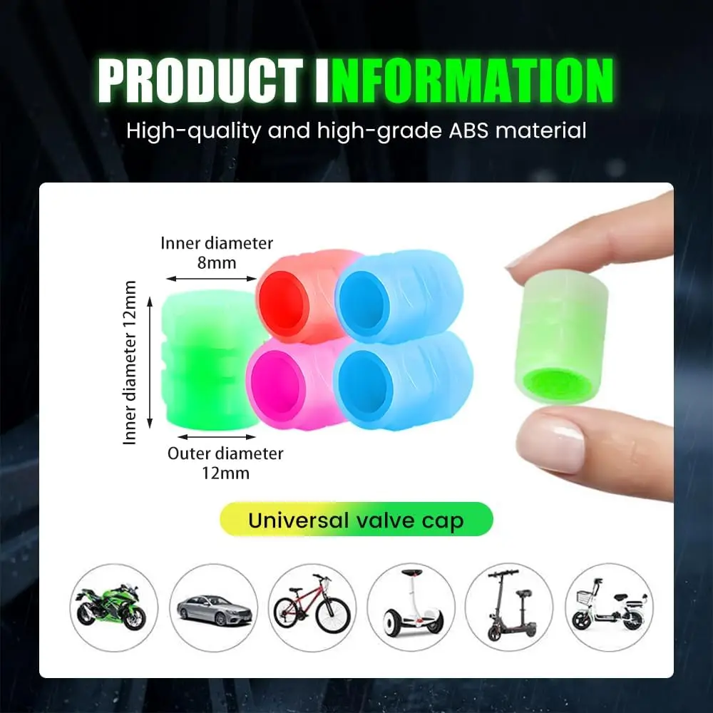 Fluorescent Tire Valve Caps 4PC Glow in Dark Dustproof Stem Covers for Car SUV Motorcycle view 6