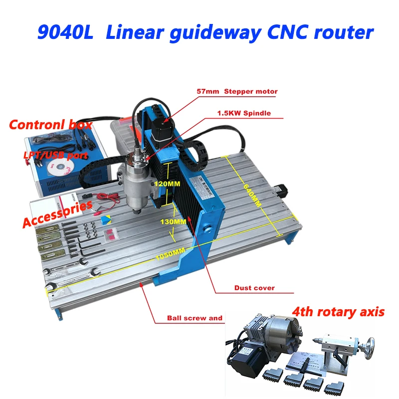 

CNC Router 9040L 3/4 Axis Linear Guideway with 1.5KW Water Cooling Spindle Metal Engraving Milling Machine PCB Cutting USB/LPT