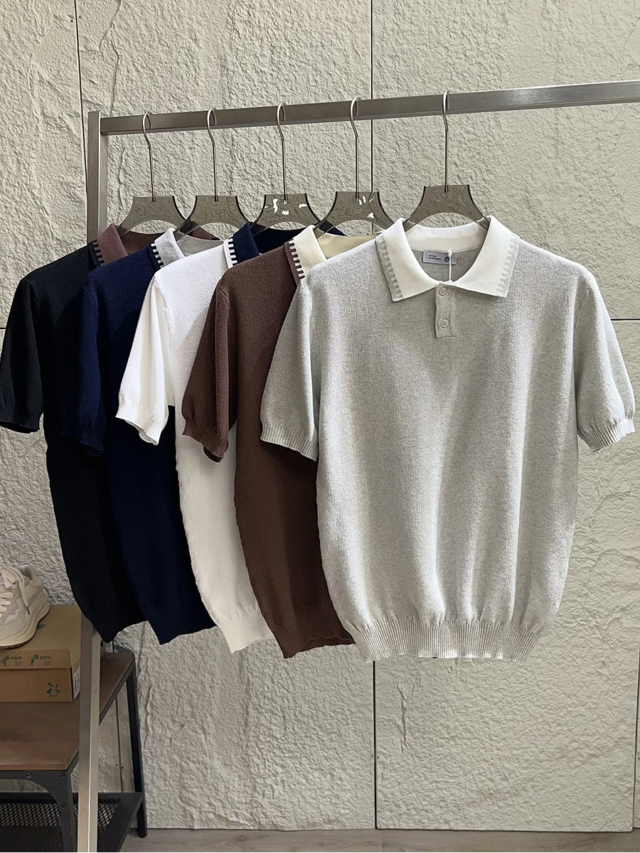 

Gentleman Style Knitted Shirt Casual Short Sleeve Men's Fashion Summer Top Color Block Design Breathable Skin-Friendly