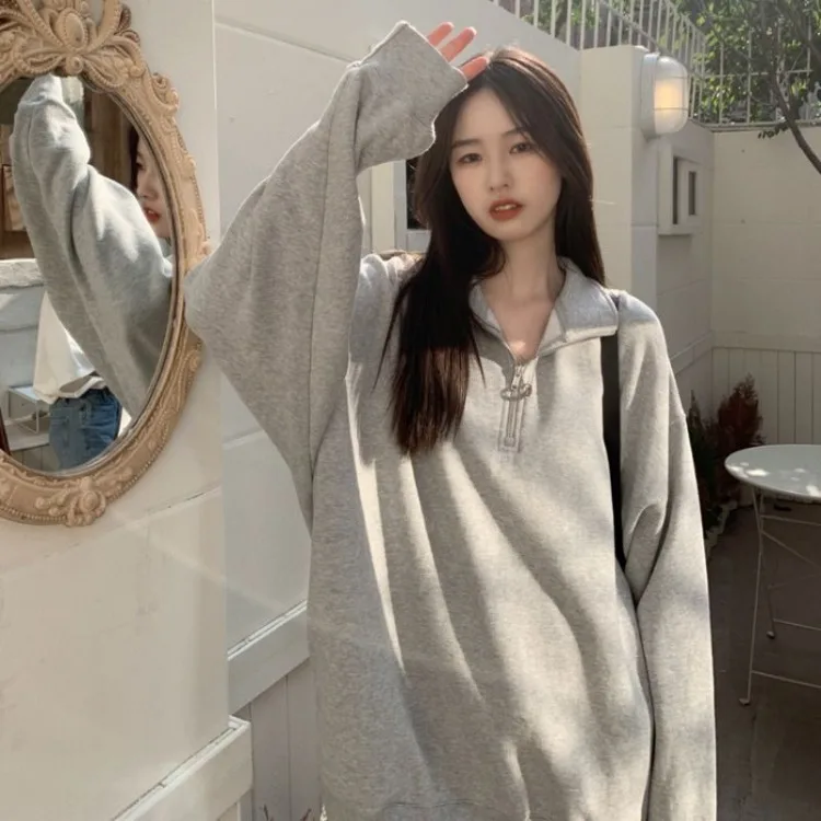 Street Lazy Lapel Neck Gray Sweatshirts 2024 Autumn New Mid-length Tops Women Y2k E-Girl Long Sleeve Loose Sweatshirt Coats