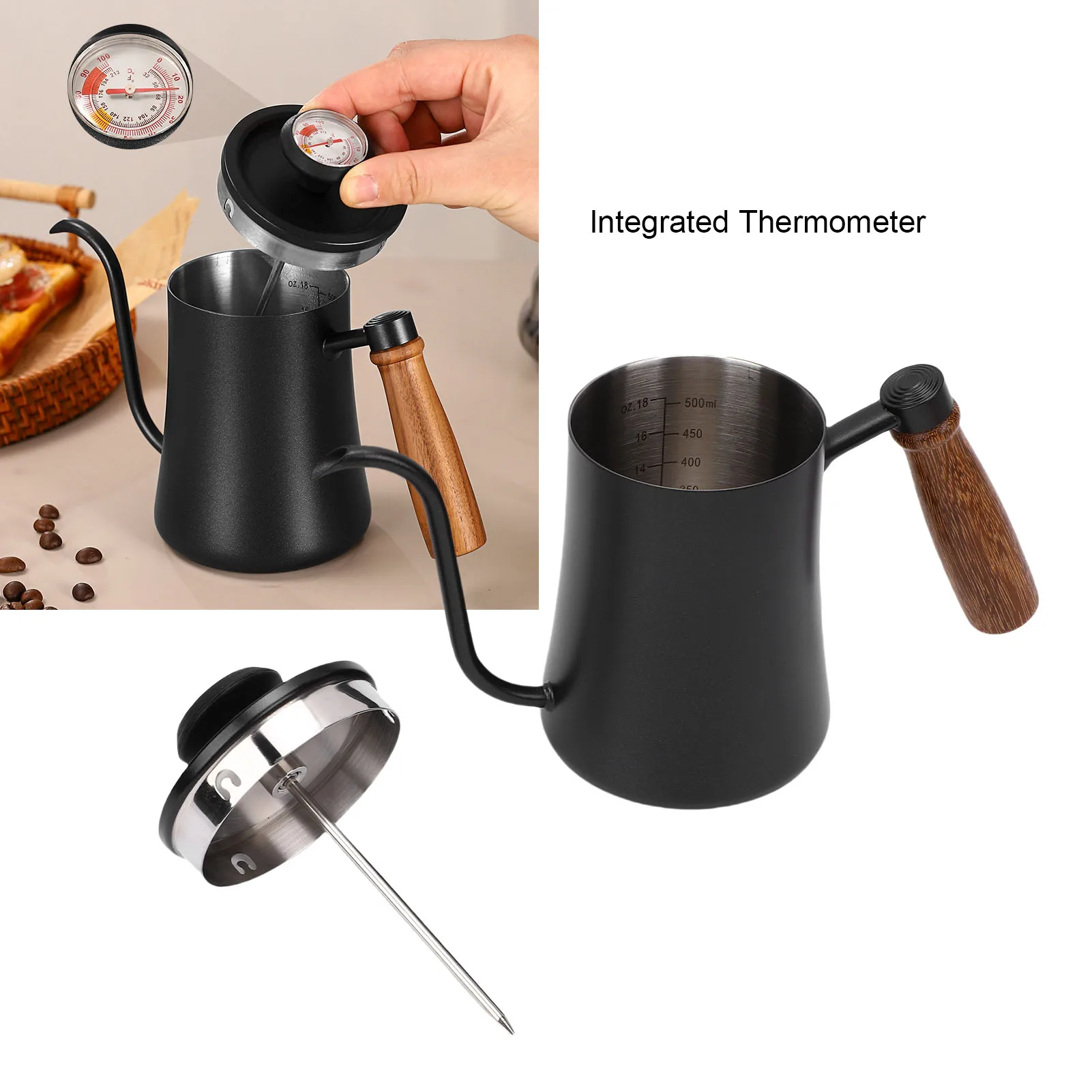 

Tea Kettle with Thermometer 500ml 304 Stainless Steel Gooseneck Kettle Pour Over Coffee Pot Home Kitchen Water Boiler with Scale