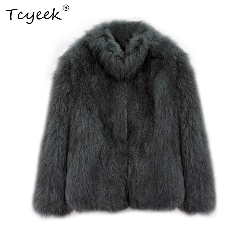 Tcyeek 리얼 울 가을 겨울 고급 트렌디 폭스 퍼 스탠드 칼라 솔리드 컬러 여성용 울 시어링 퍼 코트 여성용 모피 코트