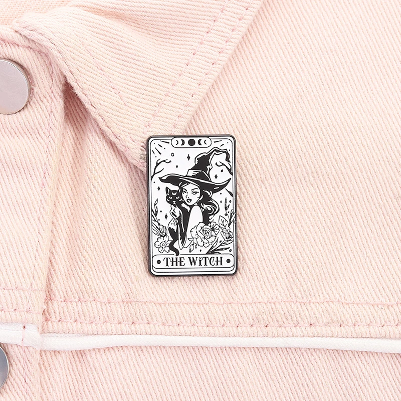 Tarot Card Brooch Pin Cartoon Witch And Cat Design Alloy Baked Paint Badge Geometric Shape Jewelry Medal