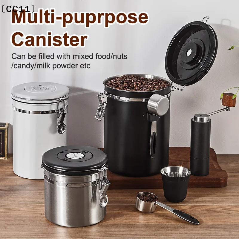 1.2 1.5 1.8L Coffee Bean Jar Airtight Canister Sealed Stainless Steel With Spoon One Way Valve Cannister Coffee Storage 〔CC11〕