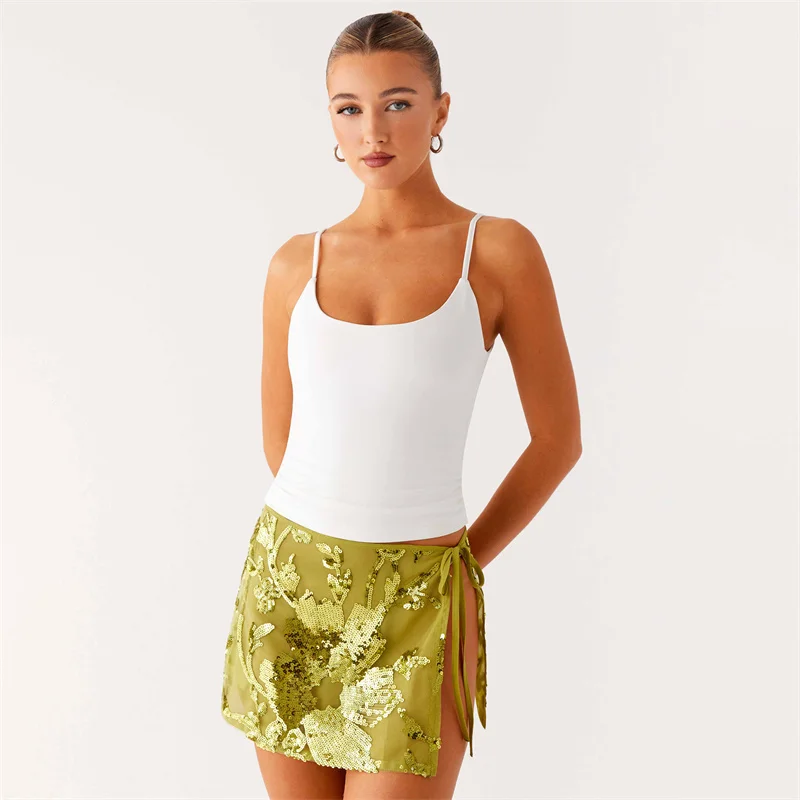 Sequined Bandage Split Short Skirt Woman Sexy Bikini Swimwear Mini Skirts Women Summer Beach Clothes