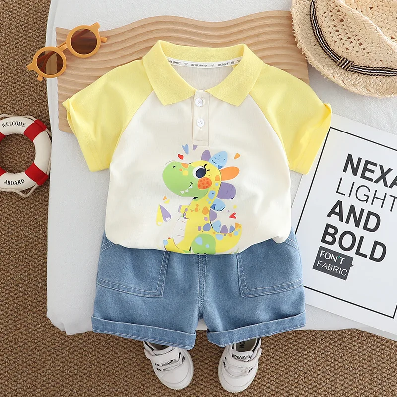 2Piece Sets Summer Toddler Boy Outfits Korean Cartoon Cute Casual Fashion Short Sleeve Baby Tops+Denim Shorts Kids Clothes B163