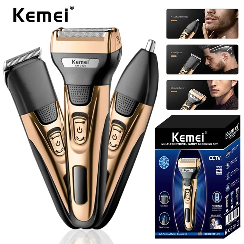 Kemei KM-1429 Rechargeable 3 in 1 Beauty Kit Electric Shaver Men Beard Hair Trimmer Body Nose Ear Electric Shaver Kit