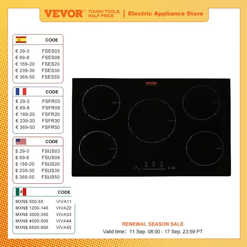 VEVOR 5 Burners 30/36 Inch Electric Induction Cooktop Stove Hob Built-in Burner Cooker Sensor Touch Control Magnetic Cooker