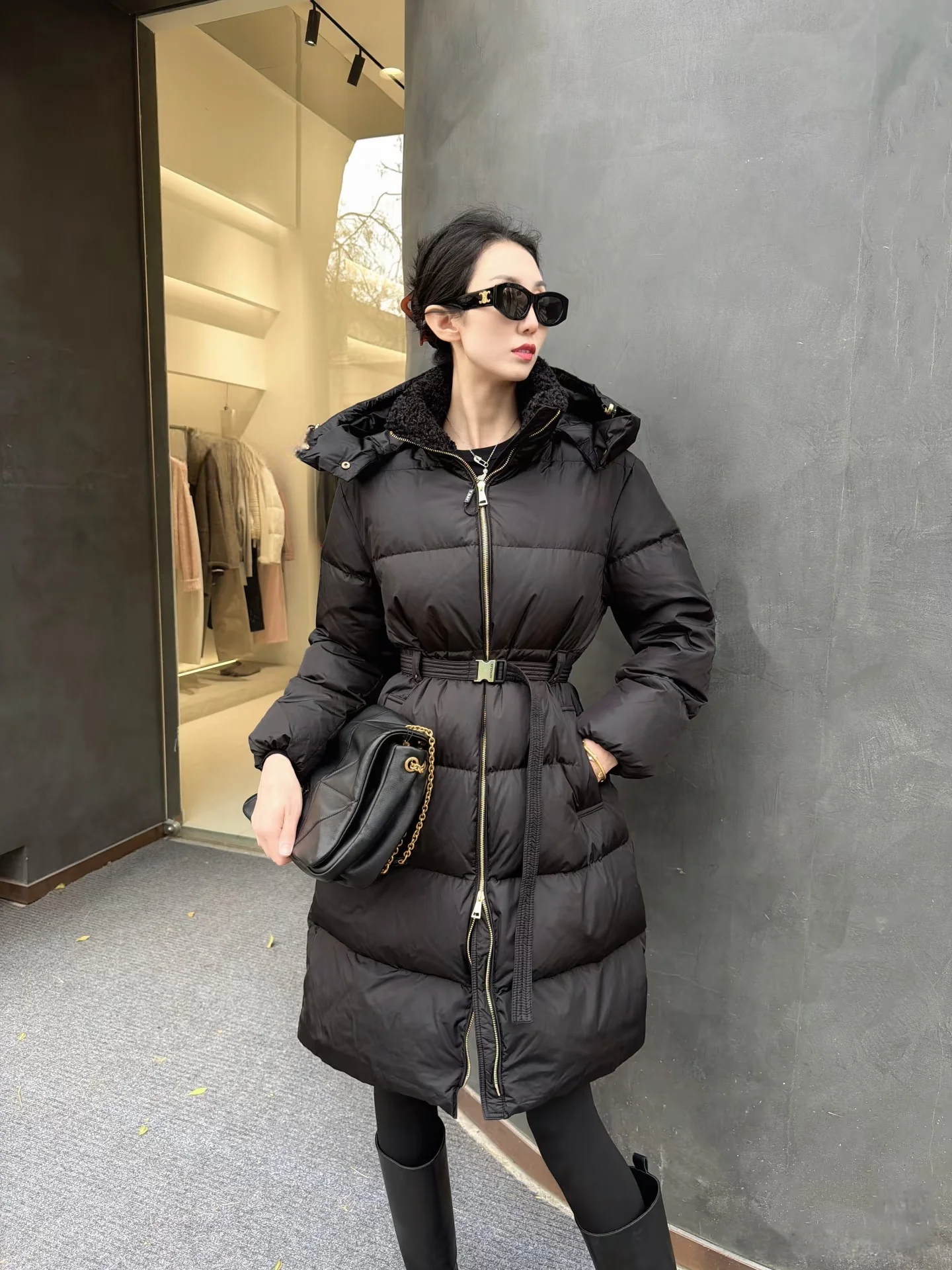 

Teddy Long down Jacket Women's Loose Fit White Goose down Belted Waist Fur Collar Soft Fluffy European Style Warmth Guaranteed