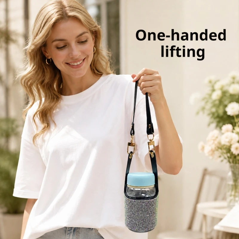 Bling Rhinestone Water Bottle Holder Bag Adjustable Shoulder Strap Portable Cup Sleeve Pouch Outdoor Travel Cup Protective Storage Bag