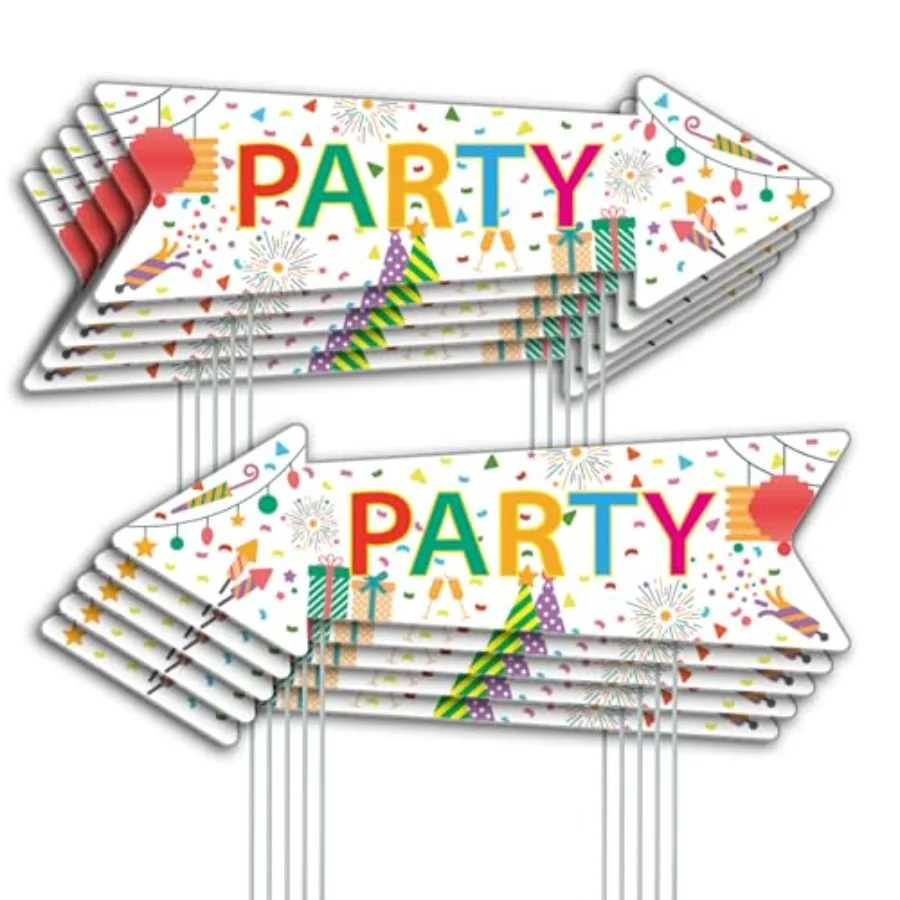 

Party Signs with Stakes 6 Inch by 5 Inch - Double Sided Signs - Corrugated Plastic - Colorful Birthday Party This Way Sign with