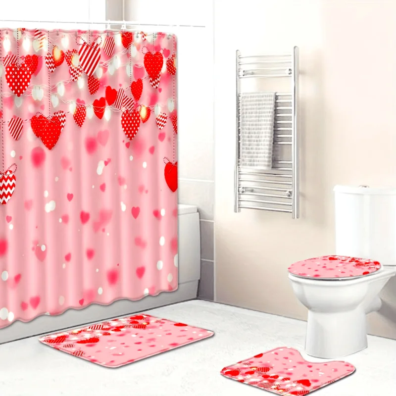 

4 шт., набор занавесок для душа с подвеской в виде сердца, водонепроницаемая занавеска для перегородки в ванной комнате с крючками, нескользящий коврик для ванной, унитаз U-S