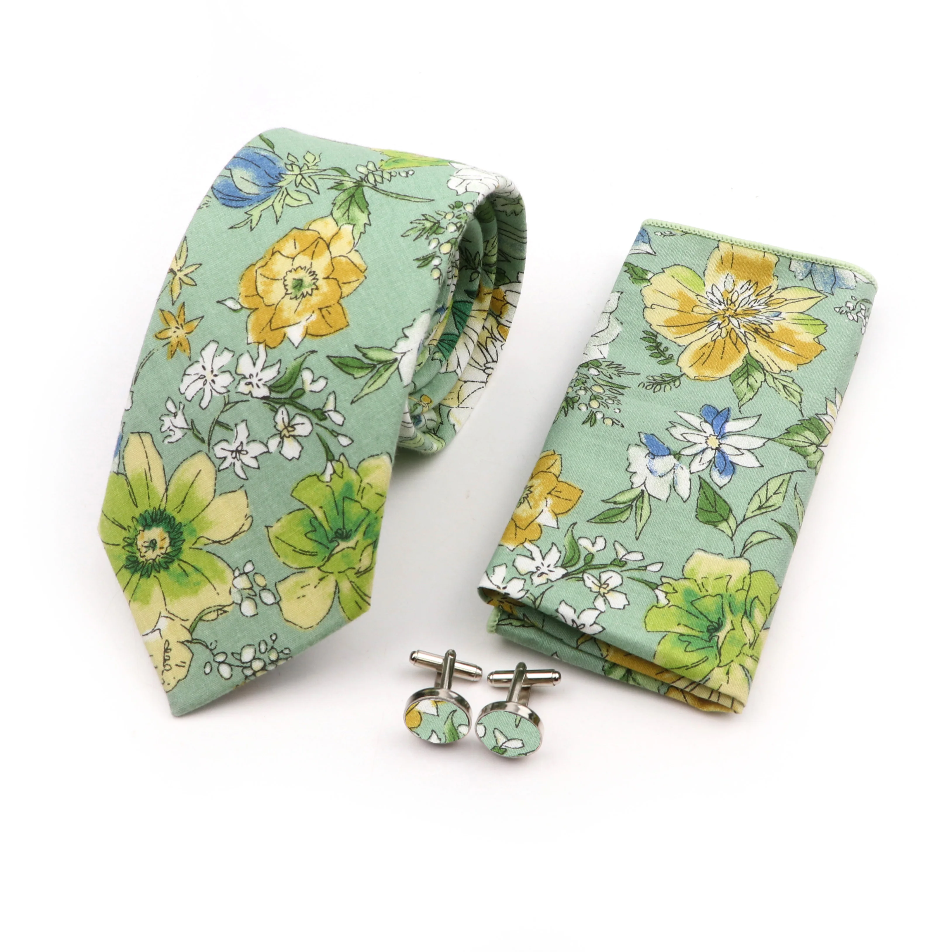 New Design Floral Cotton 7cm Necktie Sets Cufflinks Pocket Square Men Classy Wedding Party Pink Blue Green Cravat Gift Accessory