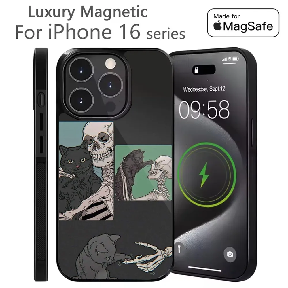 

Skeleton Cat Painted Phone Case For iPhone 16,15,14,13,12,11,Plus,Pro,Max Mini Magsafe Magnetic Wireless Charging