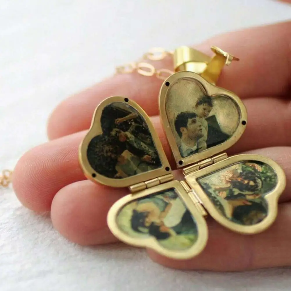 

Gold Heart Locket Necklace for Women - Photo Pendant with Four Leaf Clover, Engraved Keepsake Gift for Her
