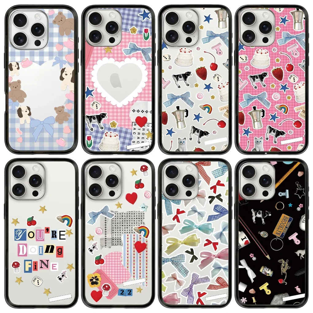 

Bowknot Plaid New Type Imprinted Letters on The Border Protective Acrylic MagSafe Case for IPhone 15 Pro 16 Pro Max Cover Shell